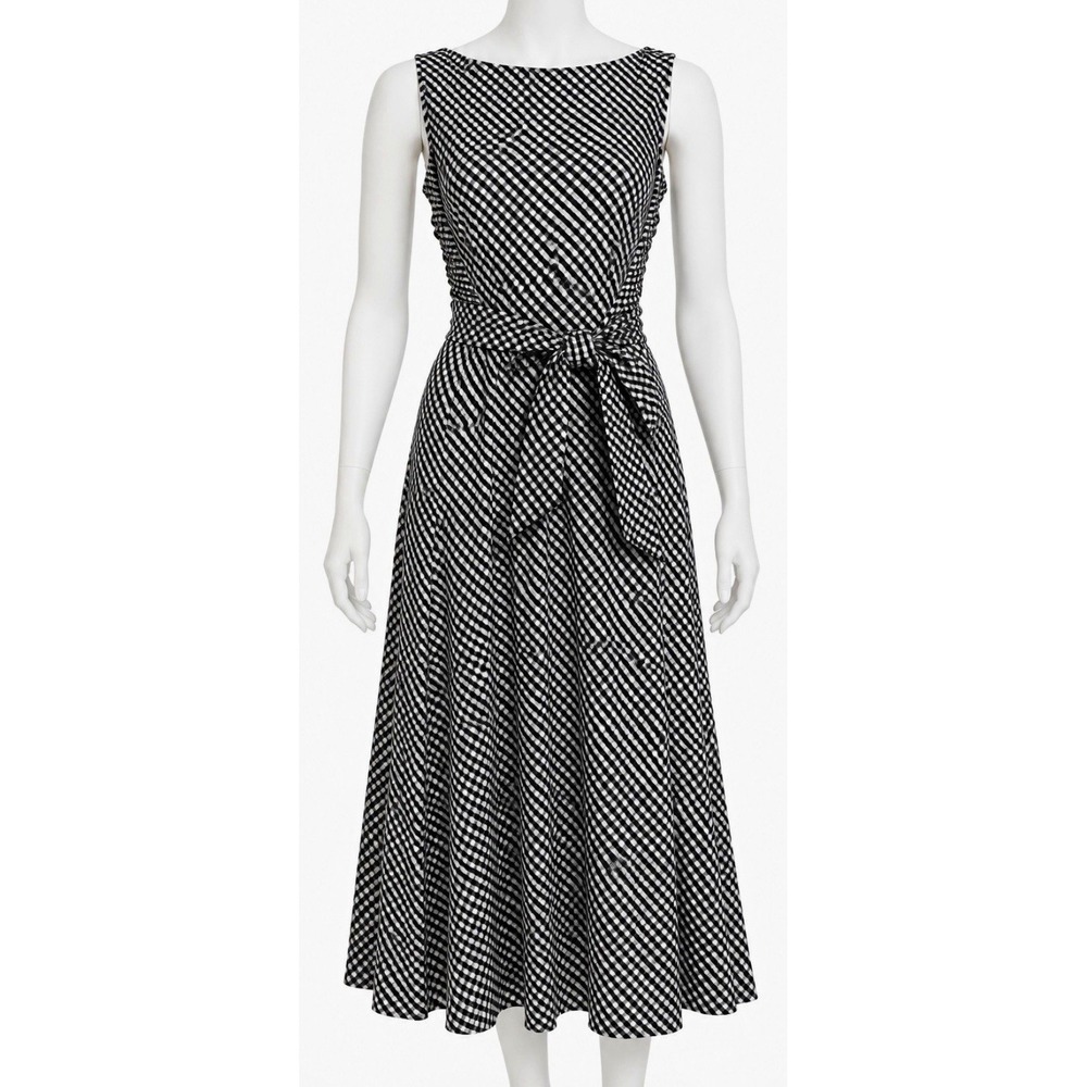 ANNE KLEIN Women's Black White Gingham A-Line Round Neck Tie Midi Dress Size M